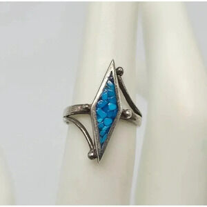 Vintage Navajo Silver Ring With Blue Stone Inlay Geometric Shape Size 5.5